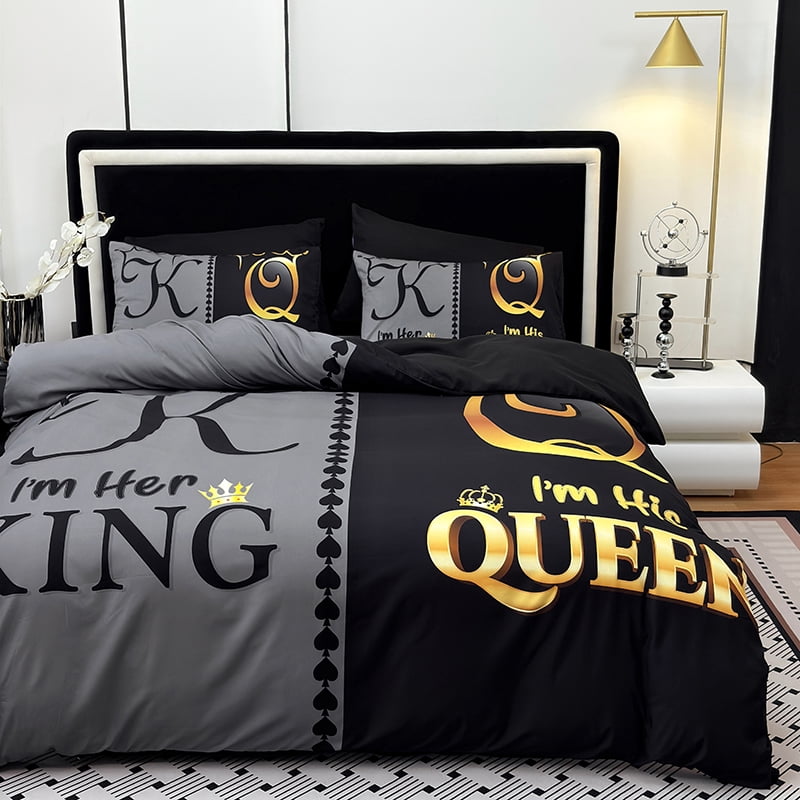 3PCS Duvet cover Set The soft (1 Duvet cover + 2 Pillowcases without Pillow covers), Features high-definition digital printing of crown and letter patterns in a stylish black and gray color scheme.