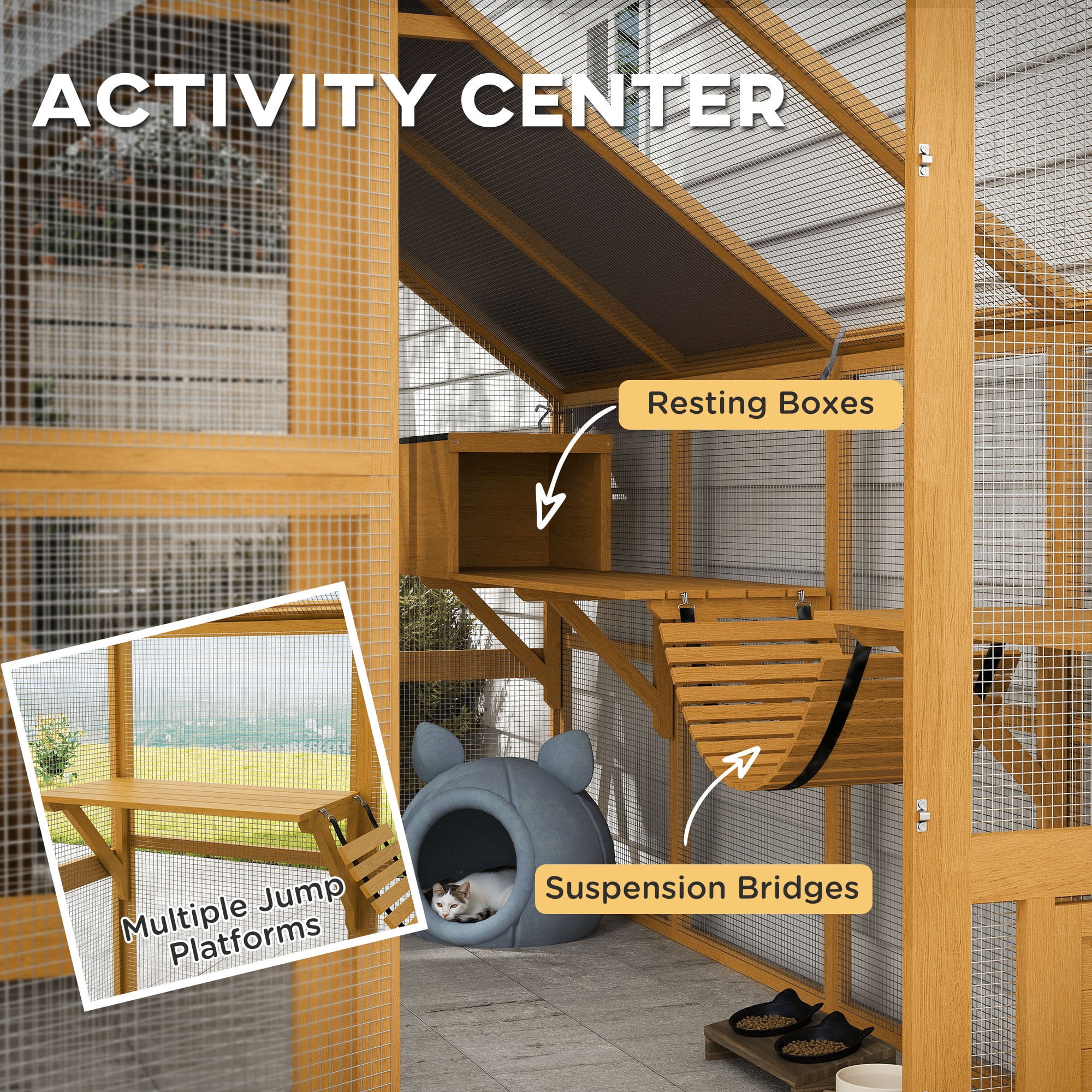 PawHut Large Catio Outdoor Cat Enclosure, Wooden Cat House for Multiple Kittens with Waterproof Cover, 2 Condos, 6 Platforms, Bridge, Doors, Yellow