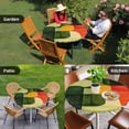 thumbnail image 4 of Green Geometric Round Tablecloth for 55-60 Inch Tables, Fitted Table Cover with Elastic Edge, Modern Orange Abstract Lines Art Waterproof Outdoor Table Cloth Protector for Patio Garden Dinner Picnic, 4 of 9