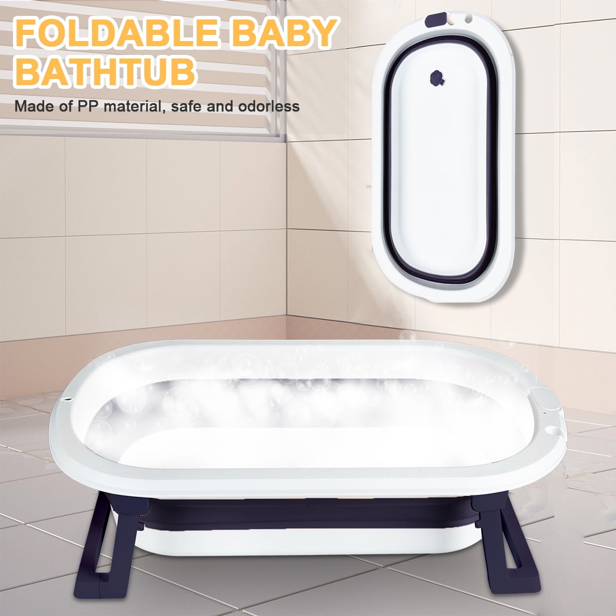 Hurber Folding Baby Bathtub, Infant Bath Tub with Anti Slip Pad, Boys, Blue w/Floating Pad