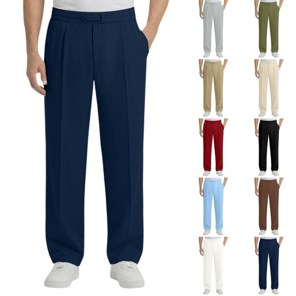 Qingpeng Mens Business Casual Pleated Trousers Loose Straight Elastic Waisted High Vertical Drape Pants with Pockets for Daily Wear