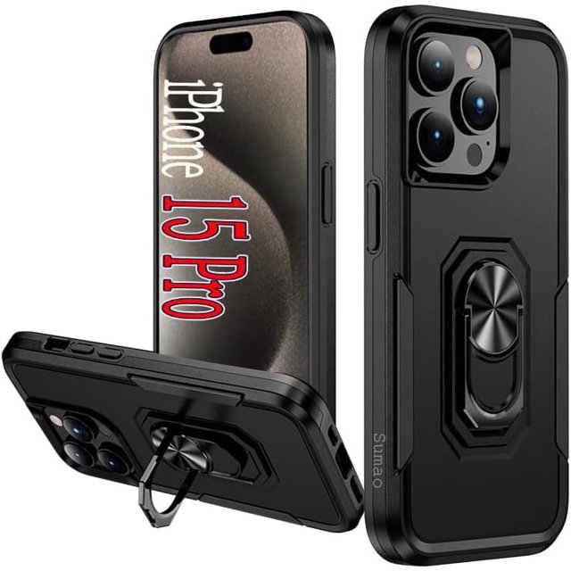 Funda Sumao para iPhone 15 Pro con anillo, fina, de silicona líquida, de grado militar, a prueba de golpes, color negro