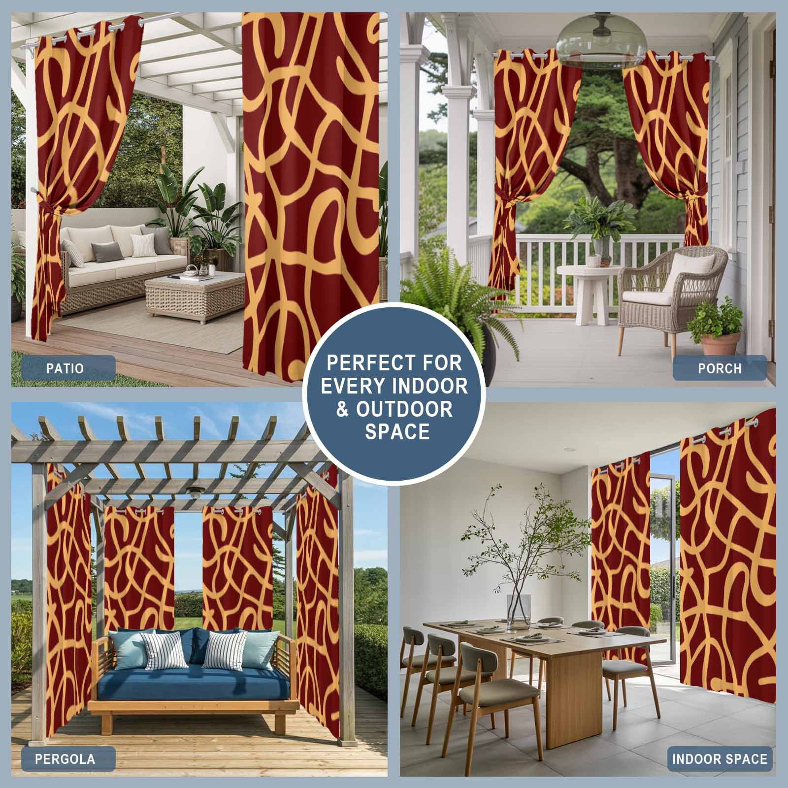 Abstract Line Outdoor Curtains for Patio, Retro Pattern Orange Wave Line Art Red Minimalist Sunshade Privacy Drapes Grommet Waterproof Outside Curtains for Porch/Cabana/Balcony 54"x 108", 1 Panel