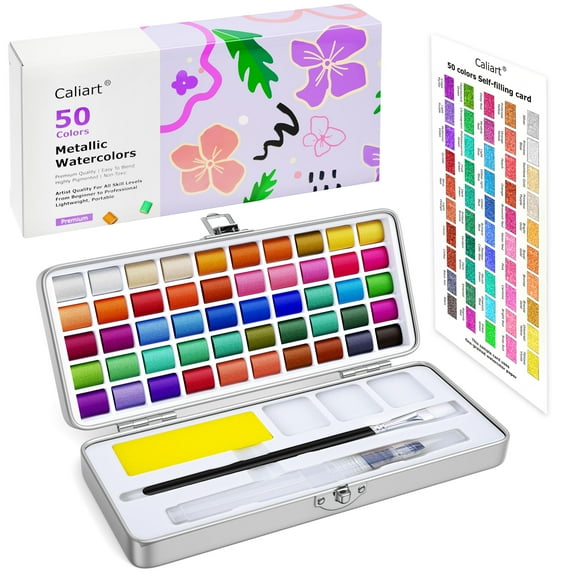 Caliart Metallic Watercolor Paints, 50 Colors Glitter Watercolors Set with 1 Brush, Portable Travel Painting Kit Gifts for Adults Artists Beginners Painters Art Supplies