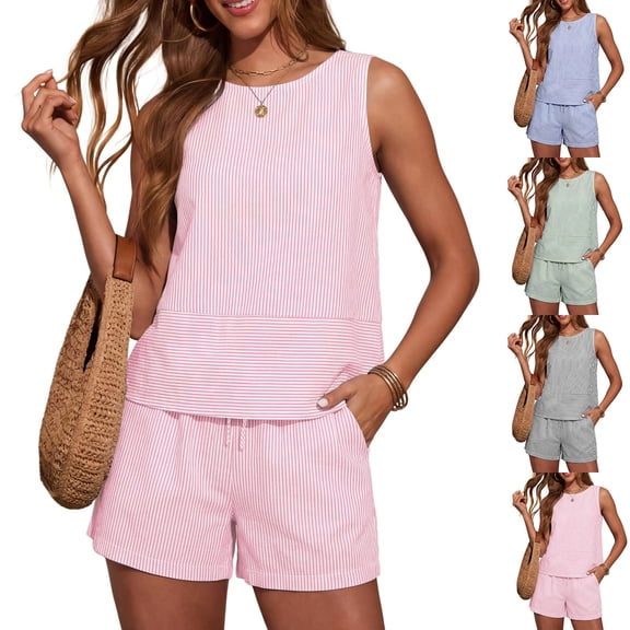 2 Piece Sets for Women Summer Lounge Short Sets Tank Tops Crew Neck Sleeveless and Bottom Matching with Pockets 2026 Pink M