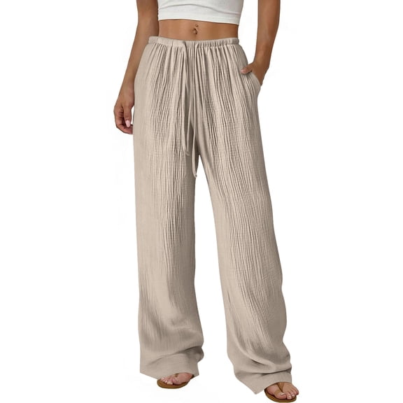 Ecqkame Women's Solid Color Pleated Pants Elastic Waist Casual Wide Leg Palazzo Pant Flowy Loose Comfortable Trousers Khaki XS