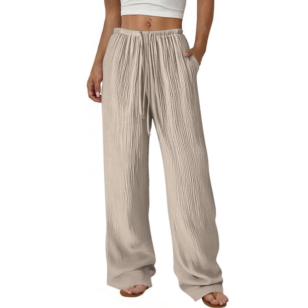 Pantalones de Cintura Elástica de Pierna Ancha para las Mujeres Color Sólido Recto Casual de la Longitud Del Tobillo de la Mezcla de Pantalones de Bolsillo de Lino
