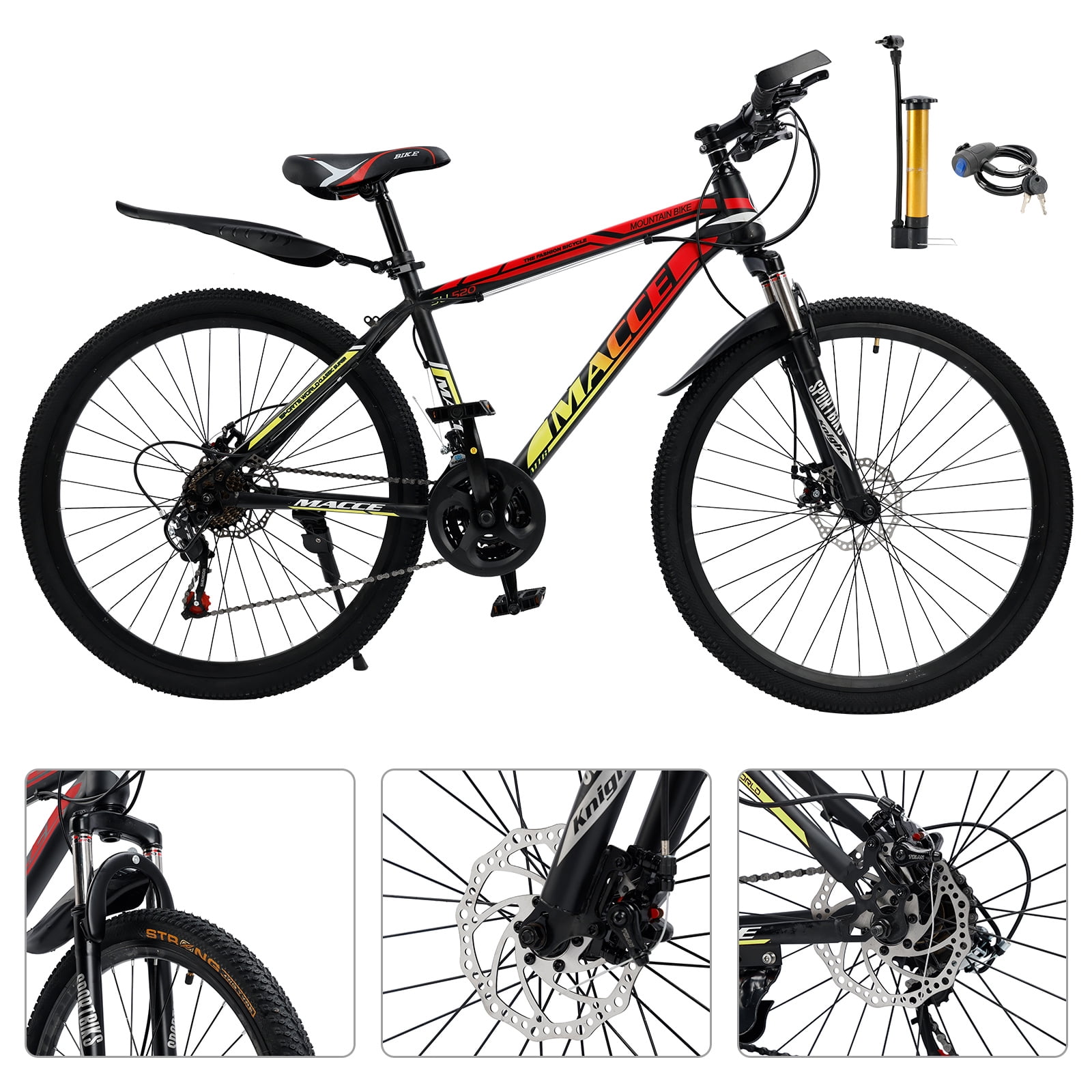 26" Spoke Wheel 24 Speed Mountain Bicycle Adult Bike MTB w/ fender Red & Yellow
