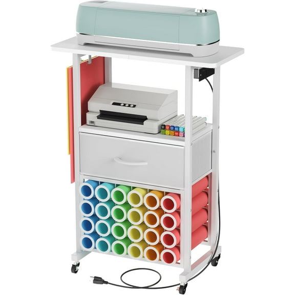 Rolling Craft Cart with Charging Station & Fabric Drawer, 24 Vinyl Roll Holders for Cricut, Organizers and Storage Compatible with Maker, Organization for Craft Room, White
