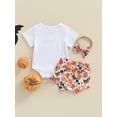 thumbnail image 4 of Qmyliery 3Pcs Baby Girls Halloween Outfit, Pumpkin/Letter Print Short Sleeve Romper + Shorts + Headband Set for Infants, 0-18 Months, 4 of 9
