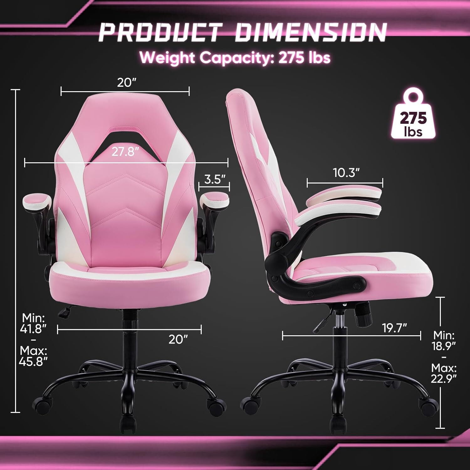 AENKYO Gaming Chair, Computer Chair Ergonomic Office Chair PU Leather Desk Chair Executive Adjustable Swivel Task Chair with Flip-up Armrest, Pink