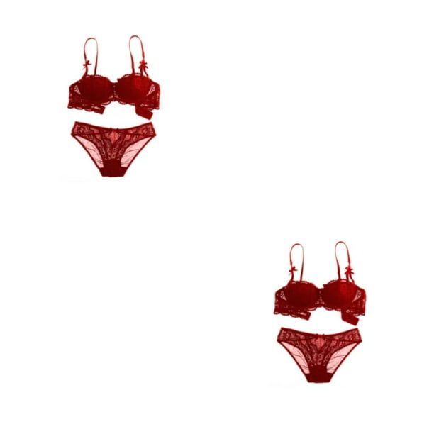 Sonducket Conjunto de sujetadores Bralette de encaje a la moda Cierre trasero Ropa interior push-up Amigable con la piel V profunda Lencería Vino rojo 70A 2Conjunto