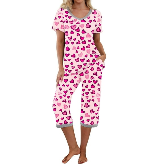 XWSHYW Womens Pajamas Summer Hearts Print Breathable Pajama Sets with Pants Leisure Crew Neck Short Sleeve Sleepwear