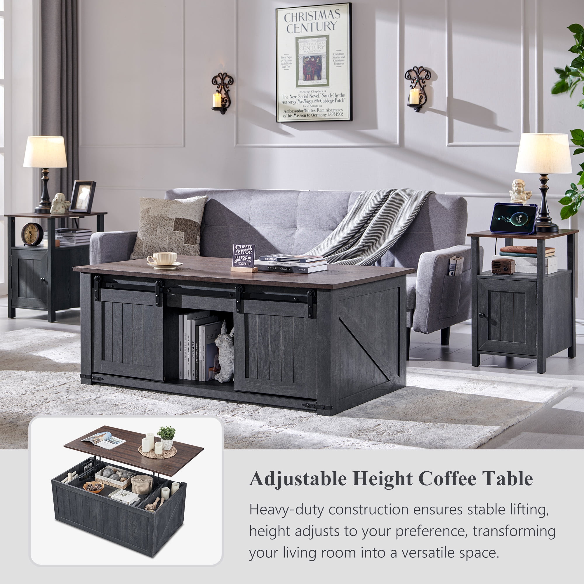SinCiDo Farmhouse Coffee Table with Storage for Living Room, Lift Top Coffee Table w/Sliding Groove Barn Door