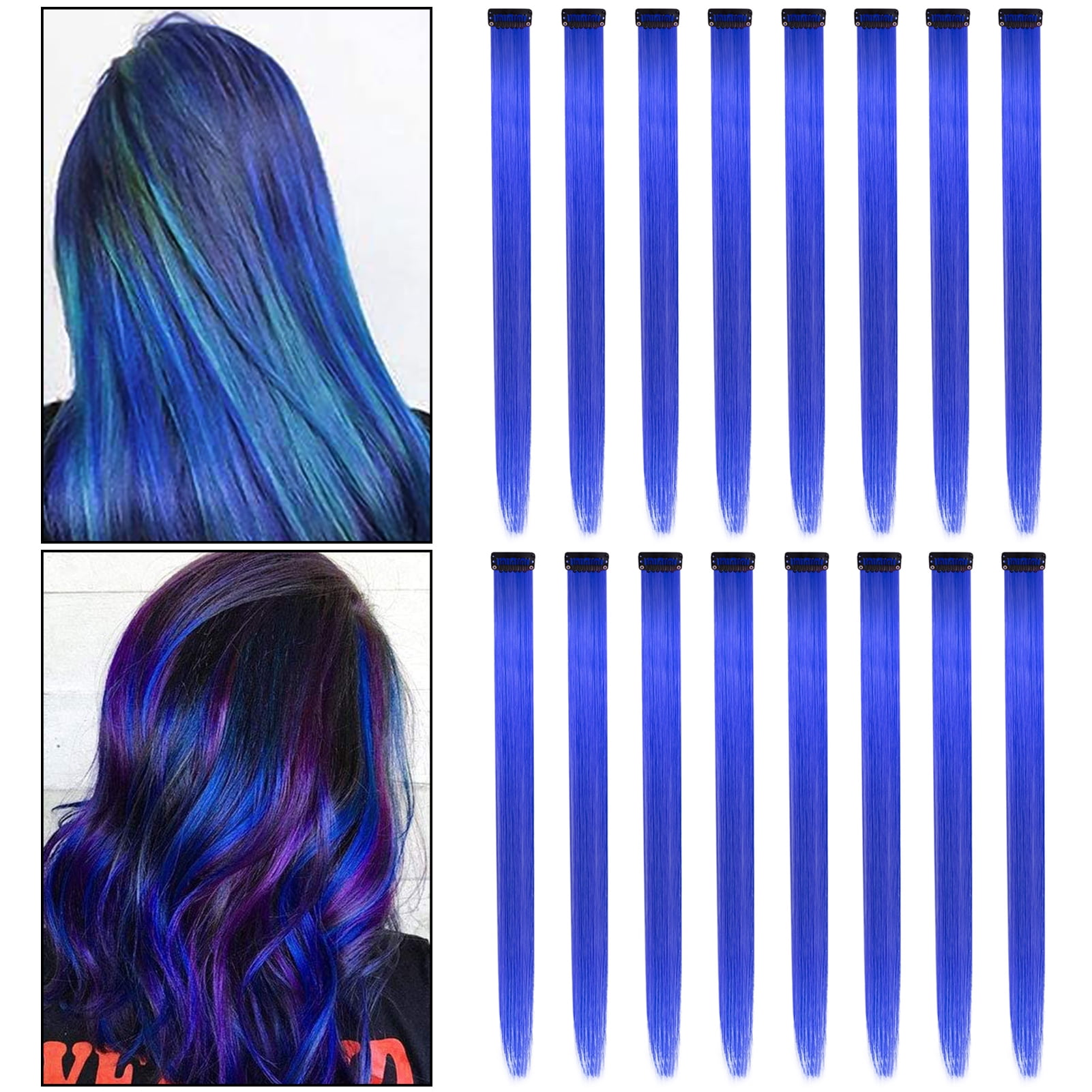 HEQUSIGNS 16 Pcs Blue Hair Extensions for Party Highlights,  Inch  Synthetic Long Straight Hairpiece for Women Girls Gift 