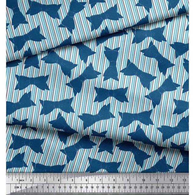 Soimoi Blue Modal Satin Fabric Bow & Stripe Printed Fabric 1 Yard 42 Inch Wide