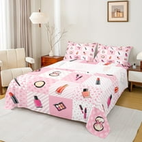 Manfei Lipstick Cosmetics Twin Sheet Sets,Geometric Plaid Twin Fitted Sheet,Pink Bowtie Bow Flat Sheet For Girls,Breathable Home Decor,3pcs