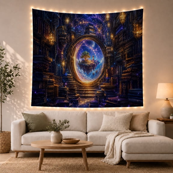 Vintage Bookshelves Library with Ornate Circular Portal Through, Mystical Fantasy for Space Lovers, Galaxy Room Decor, Graduation Gift, Tapestry Wall Hanging for Bedroom and Dorm