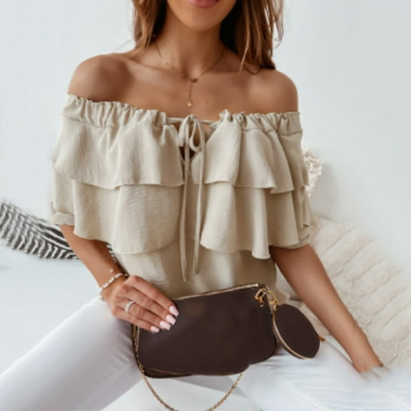 Honeeladyy Women's Sleeveless Summer Short Sleeve Off-The-Shoulder Sexy Casual Ruffles Tops Regular Solid Tops