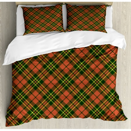 M And S Christmas Bedding Checkered Duvet Cover Set, Irish Tartan Plaid Motifs in Christmas Colors Geometrical Crossed Stripes, Decorative Bedding Set with Pillow Shams, Red Emerald Yellow, by Ambesonne ()