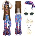 thumbnail image 1 of Disfraz de hippie de los años 70 para mujer, conjunto de accesorios para traje hippie de los años 60 y 70, chaleco con flecos, pantalones acampanados, diadema, pendientes con el signo de la paz, colla, 1 of 8