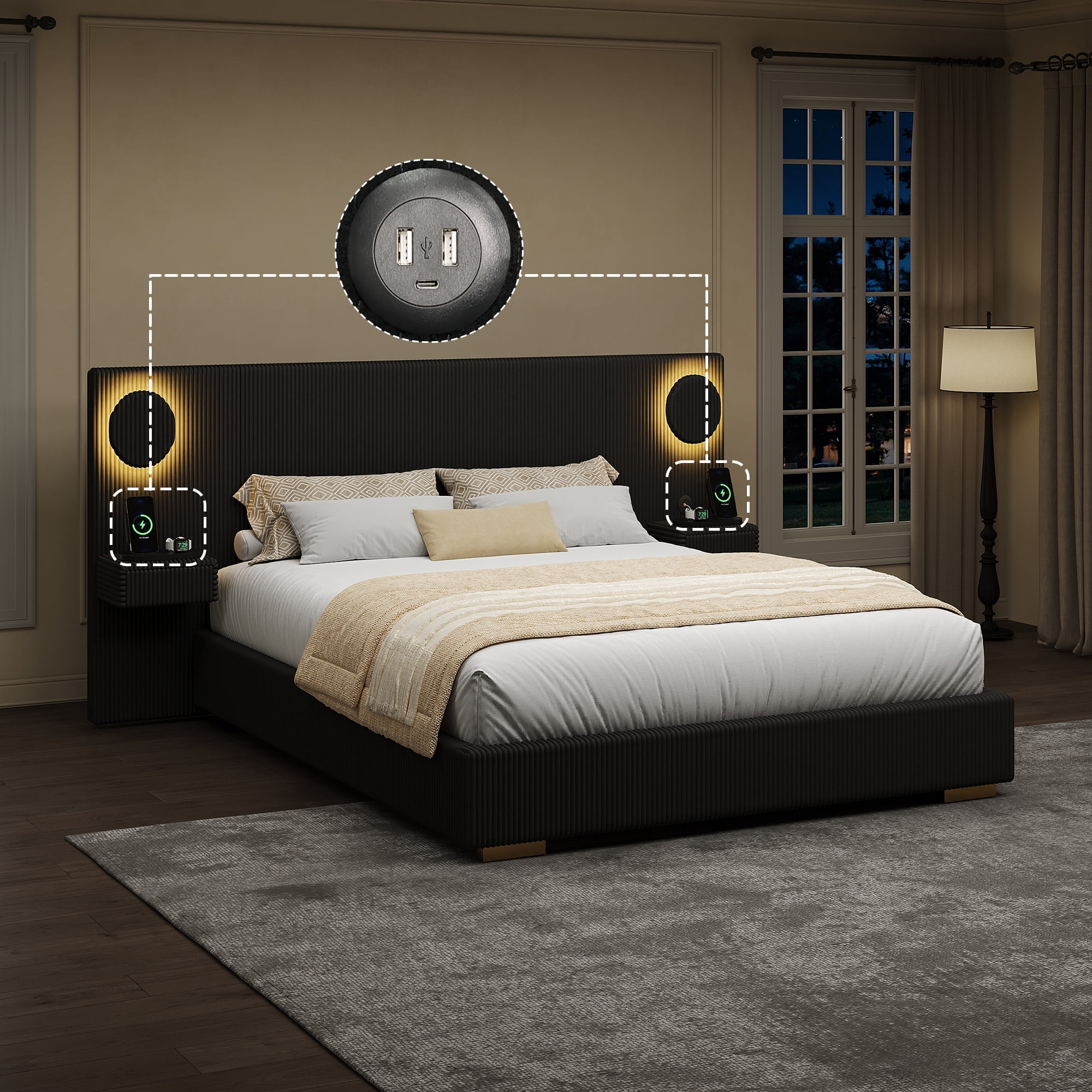Euroco Upholstery Queen Size Platform Bed with LED Light and Drawers, High Headboard Design with Bedside Tables and USB Ports, No Box Spring Needed, Black
