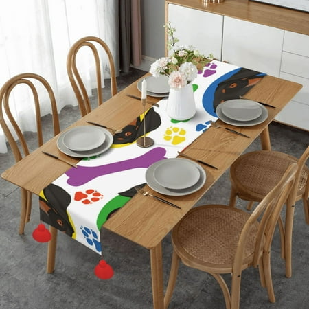 

Playful Dachshund Face Table Runner Imitation Linen Table Runner With Red Tassels For Party And Dining Room 14 x 60