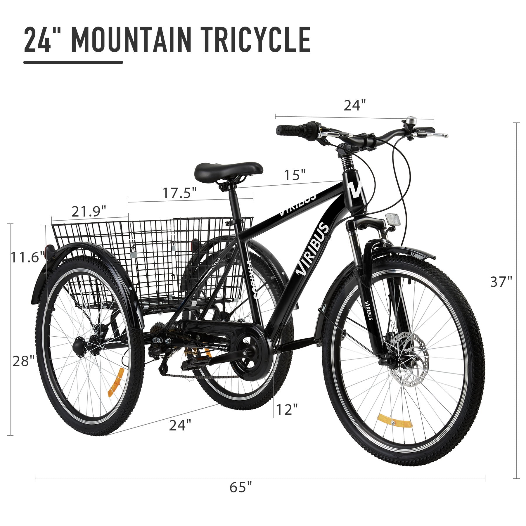 Viribus 24 inch 7 Speed Adult Tricycle with bicycle frame size 7.9in. for Men Women, Black