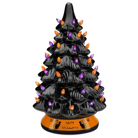 Best Choice Products Pre-Lit 15 Inches Ceramic Halloween Tree Holiday Decoration with Orange & Purple Bulb Lights
