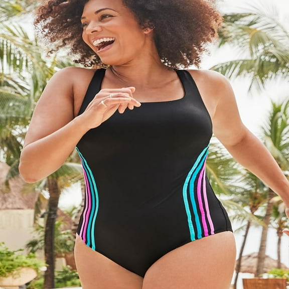generic Womens One Piece Swimsuits Plus Size Striped Tummy Control Bathing Suits Summer Athletic Swimwewar Black 1XL