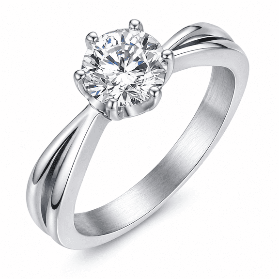 Women’s Stainless Steel Cubic Zirconia Ring, Solitaire Style Split Shank Promise Ring for Her, Sizes 6-9, Anniversary Birthday Gift for Women
