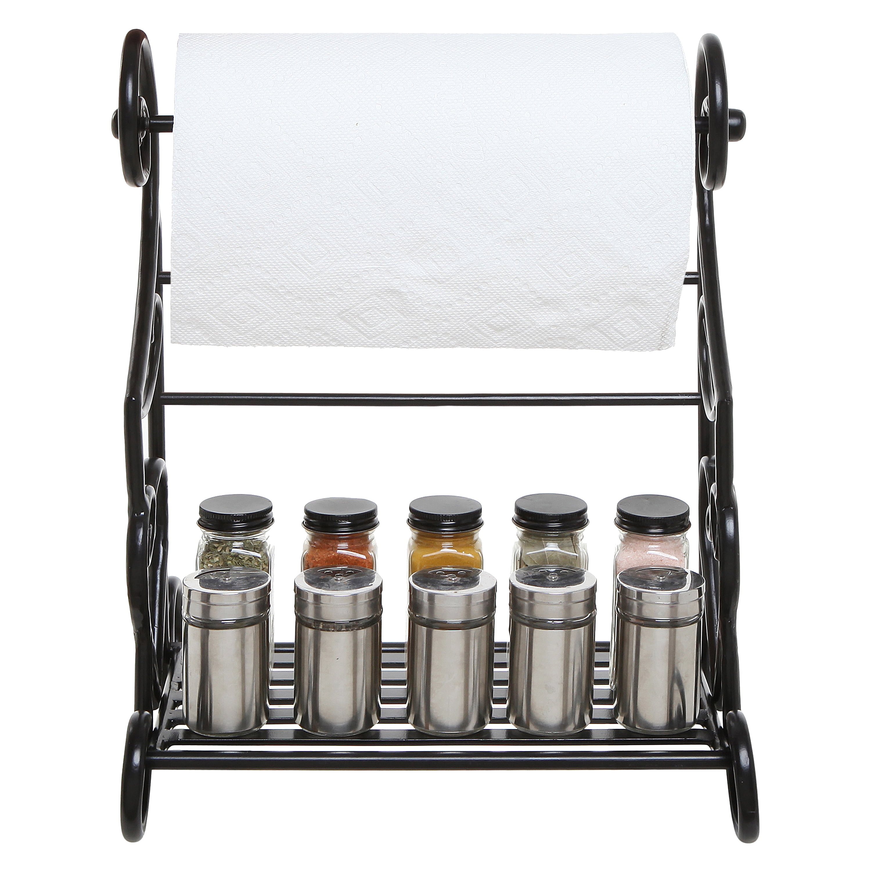 MyGift Gothic Paper Towel Holder Heart Scroll Metal Paper Towel Holder Stand with Slatted Condiment Shelf Rack, Black Decorative Kitchen Decor Accessories