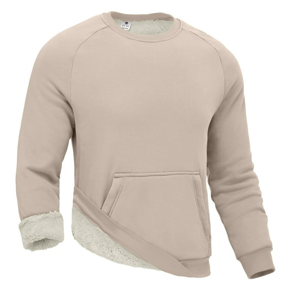 Fshiont Men's Sherpa Lined Sweatshirts Warm Soft Crewneck Sweatshirts Heavyweight Winter Pullover Kangaroo with Pouch Pocket Khaki 2XL