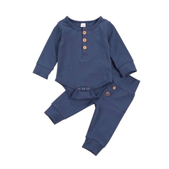Newborn Baby Boy Pajamas Outfit Long Sleeve Button Romper Bodysuit Pants Sweatsuit 2PCS Winter Clothes Set