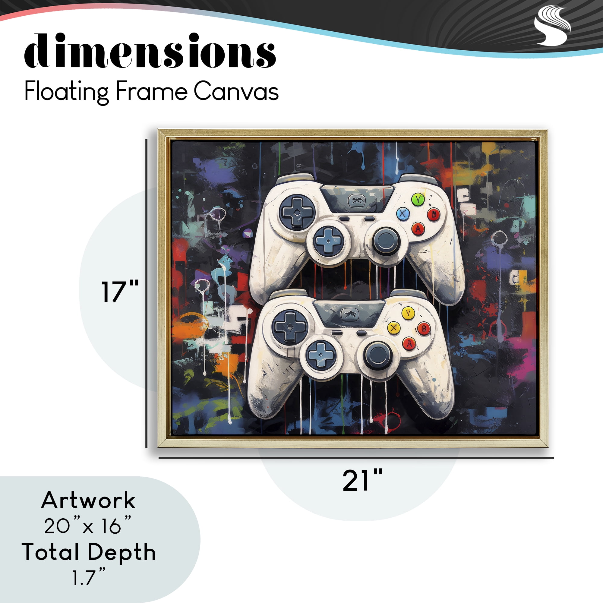 Stupell Industries Joystick Journeys with Paint Splatter Gold Framed Floater Canvas Wall Art, design by Lazar Studio