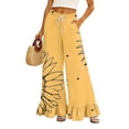 thumbnail image 3 of Botanical Floral Ruffle Hem Wide Leg Pants - High Waisted Palazzo Trousers with Pockets, Flowy Drawstring Casual Lounge Pants for Women Yellow XXL, 3 of 7