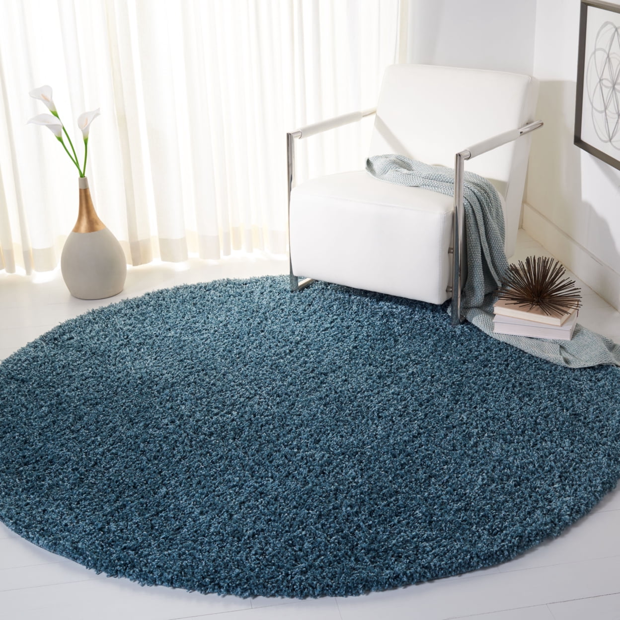 SAFAVIEH Venus Elijah Solid Plush Shag Area Rug, Blue, 6'7" x 6'7" Round