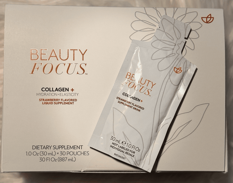 Nu Skin Nuskin Beauty Focus Collagen+ Hydration Elasticity Peach Flavored 30 Pouches 30fl oz 887ml (Single Box)