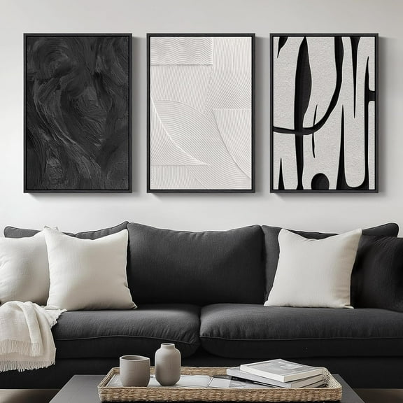 Framed Black and White Abstract Wall Art, 3 Piece Canvas Prints Paintings Artwork for Walls, Modern Minimalist Gold Beige Block Pictures for Living Room Hallway Office Wall Decor 16x24 Inch