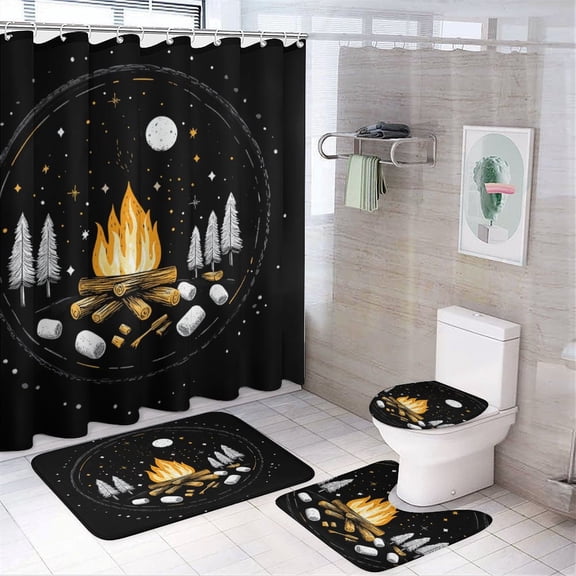 Shower Curtain 4 Piece Set Life Is Better Around The Campfire Bathroom Sets with Shower Curtain And Rugs 4 Piece Camp Life Bathroom Decor Sets for Bathroom Decor Set 72inch X 72inch