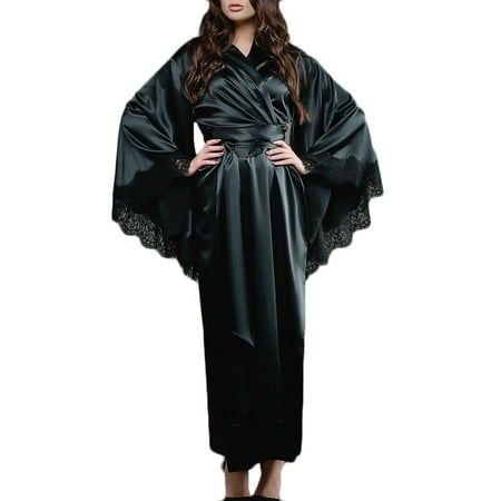 GuessLookry 2023 Y2K Vibe Women Sexy Lace Satin Kimono Long Robe Bathrobe Lingerie Sleepwear Belt Pajamas Valentine Gift