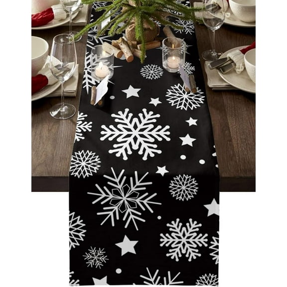 Table Runners 70 inches Long, Christmas White Snowflake Black Background Table Runner Farmhouse Dresser Scarves,Decortaive Table Runner Cover for Dining Coffee Table Holiday Party Wedding