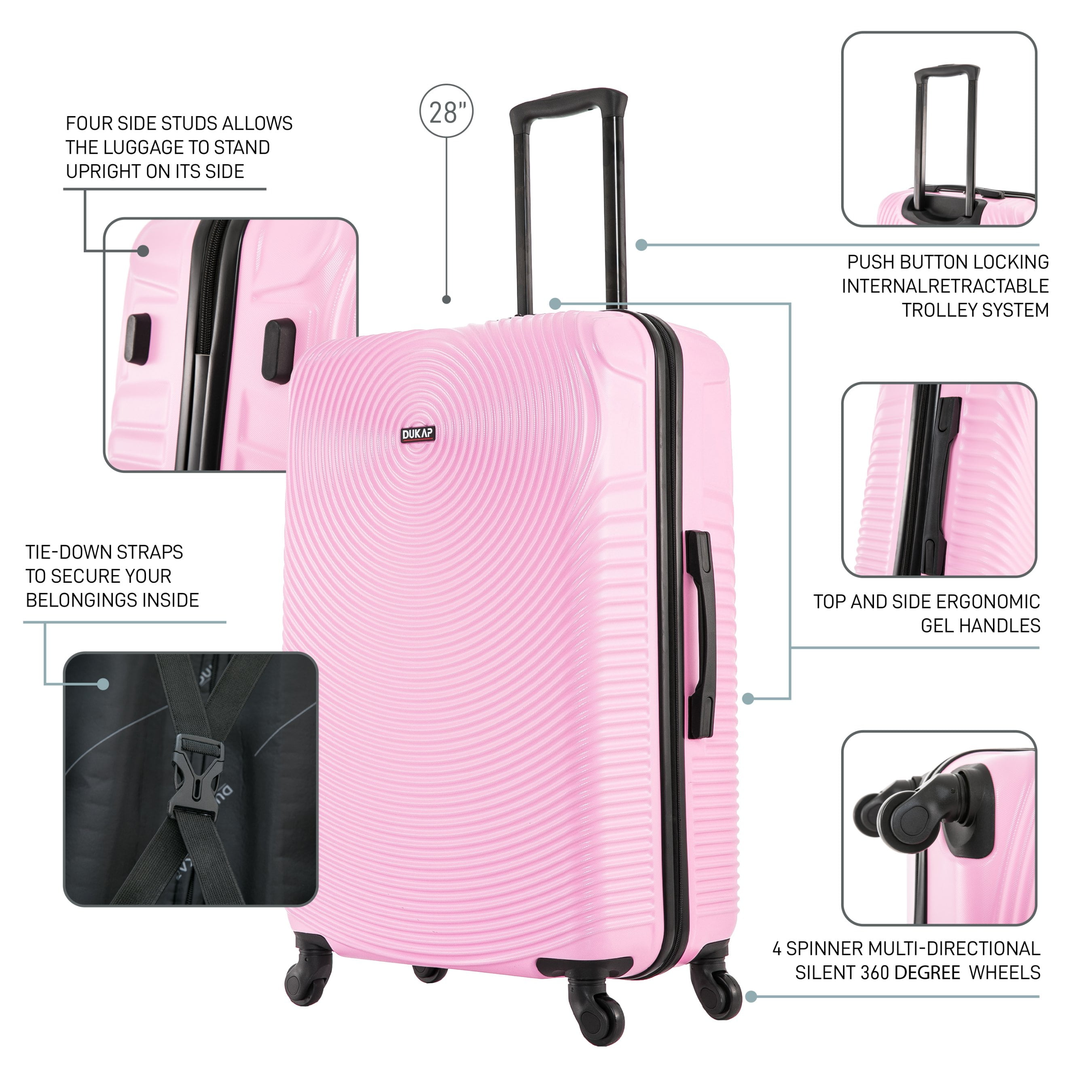 DUKAP Inception 3-Piece Hardside Luggage Sets with Spinner Wheels, Handle and Trolley, (20"/24"/28"), Pink