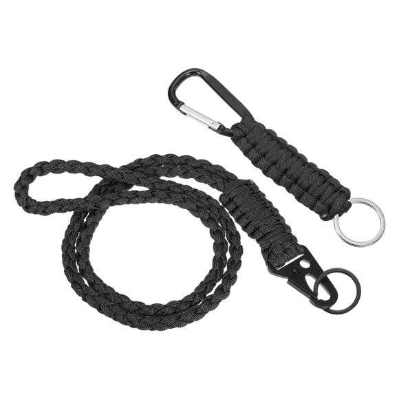 Unique Bargains Braided Paracord Lanyard Keychain Paracord Neck Badge Lanyard with Hook Clip and Key Ring Black 2 Pcs