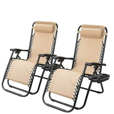 Folding Lounge Chair Recliners, Adjustable Zero Gravity Chair Outdoor Lawn Lounge Chair with Pillow for Poolside, Yard and Camping - Beige