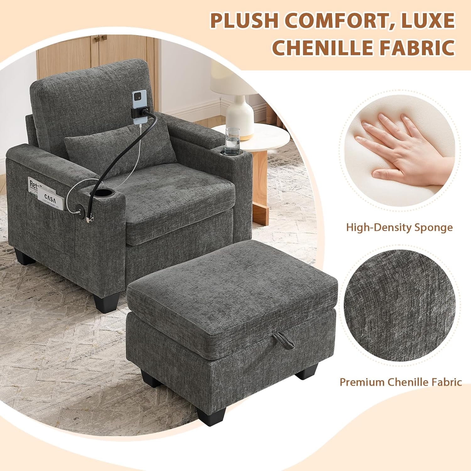 MOONMISS Oversized Chaise Lounge Chair Indoor, Single Convertible Recliner Reading Arm Sofa Chair W/Adjustable Backrest & Charging Port Couch Bed for Living Room, Home Theater & Bedroom,Gray
