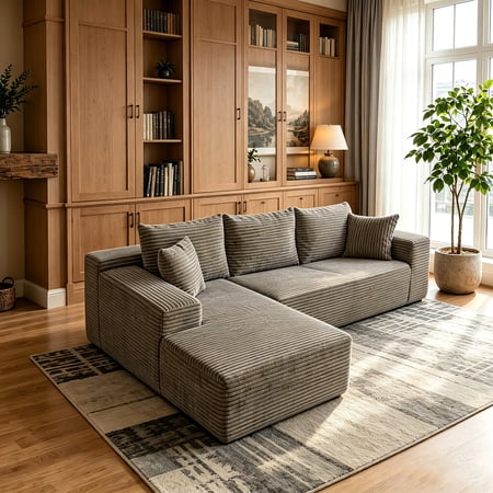 AUU Modern L-Shaped Corduroy Sectional Sofa, 3-Seater Couch with Compressed Foam Filling for Living Room, Apartment, or Office, Coffee Color