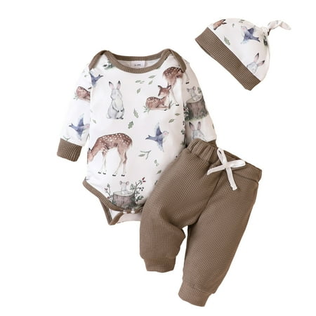 

Toimothcn Toddler Baby Boys Outfits Long Sleeve Fashion Floral Printed Romper Pants With Cartoon Hat Warm Loose Fit 3Pcs Outfits Set Childrens Dailywear
