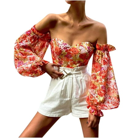 

YYDGH Womens Off Shoulder Lantern Sleeve Ruffle Corset T-Shirts Floral Printed Bandeau Crop Tops 90s Streetwear Orange M