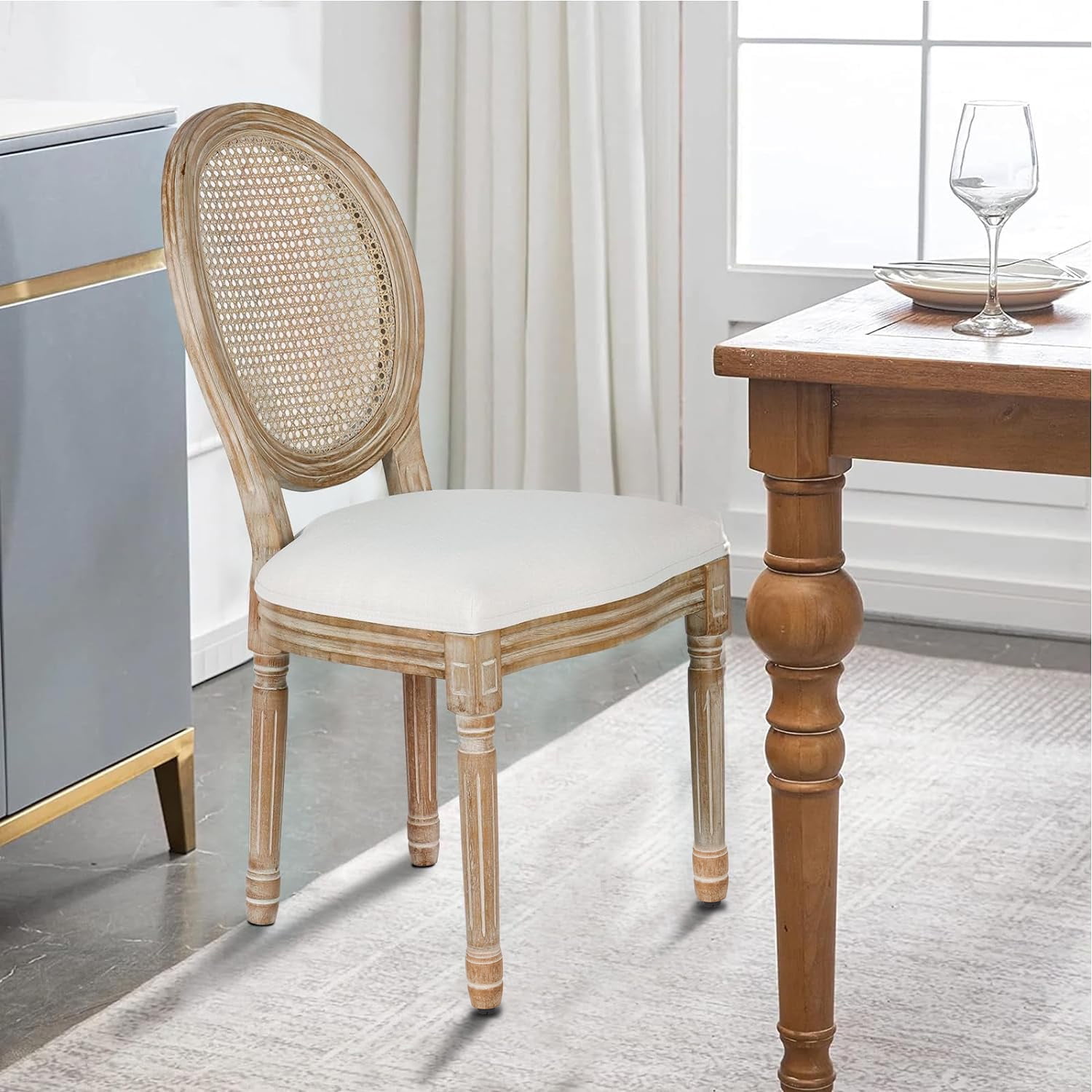 French Dining Chairs Set of 6 Beige Natural Fabric Round Back with Solid Wood Legs and Frame for Bedroom Dining Room Kitchen